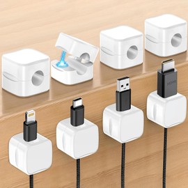 Soodyoow 8 Pezzi Supporto per cavi magnetico, Organizer per la gestione dei cavi con clip, supporto per cavi di gestione dei cavi, per comodino, scrivania, USB, cavo audio, Bianco
