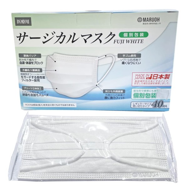 【日本製 医療用 サージカルマスク JIS T9001クラス3 適合】 FUJI WHITE 丸王明王商事 175㎜×95㎜