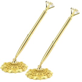QWORK Gold Diamond Style Metal Pen Holder Set with Smooth Ink Ballpoint Pen, 2 Pcs, Rotatable 360° Signing Pens for Weddings, Office, and Gifts