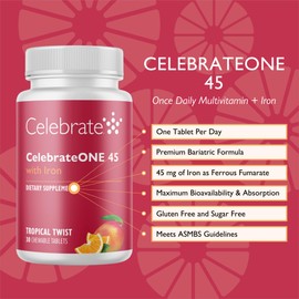 Celebrate Vitamins CelebrateONE 45 Chewables, 45mg Iron - Once Daily Bariatric Multivitamin, Essential Vitamins & Minerals - Gastric Bypass & Sleeve Gastrectomy Supplement - Tropical (30 Tablets)