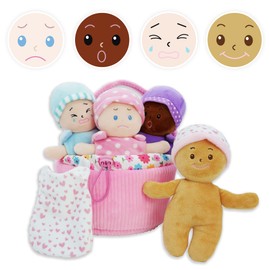 June Garden My First Basket Plush Baby Doll Set - Includes 1 Basket and 4 Multicultural Soft Plush Babies with Emotional Expressions for Infants and Toddlers Birth and Up