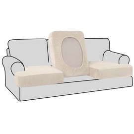 H.VERSAILTEX Stretch Velvet 3 Piece T Cushion Sofa Slipcovers for Living Room Individually Sofa Covers for 3 Seat Cushion Covers Stay with Elastic Bands (Sofa, Cream)