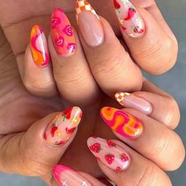 24 pcs Press on Nails Almond Medium Artificial Acrylic Fake Nails with Fruit Colorful Swirl Patterns Designs Full Cover Reusable Coffin False Nails Set Women Glue on Nails Stick on Nails for Nail Art