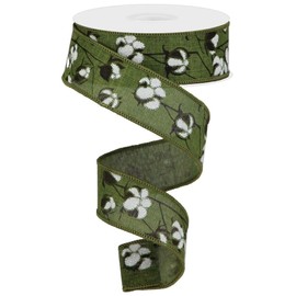 Craig Bachman 1.5" Cotton Pod Ribbon: Moss Green & White (10 Yards) - Floral Arrangement Gift Wrapping Wreath Crafting Wired Ribbon