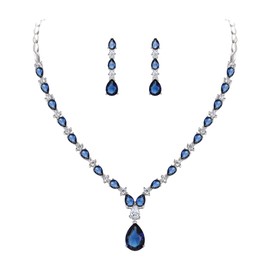 Ever Faith Gorgeous Banquet Jewelry Set Teardrop Round Cubic Zirconia January Birthstone Pendant Necklace Dangle Earrings Set for Women Blue Silver-Tone