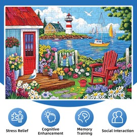 300 Pieces Puzzles for Adults,Seaside Garden House 300 Pieces Large Puzzle for Adults Seniors,Coastal Lighthouse Jigsaw Puzzle for Kids Ages 8-10,Challenging Family Games, 20.5 x 15 in