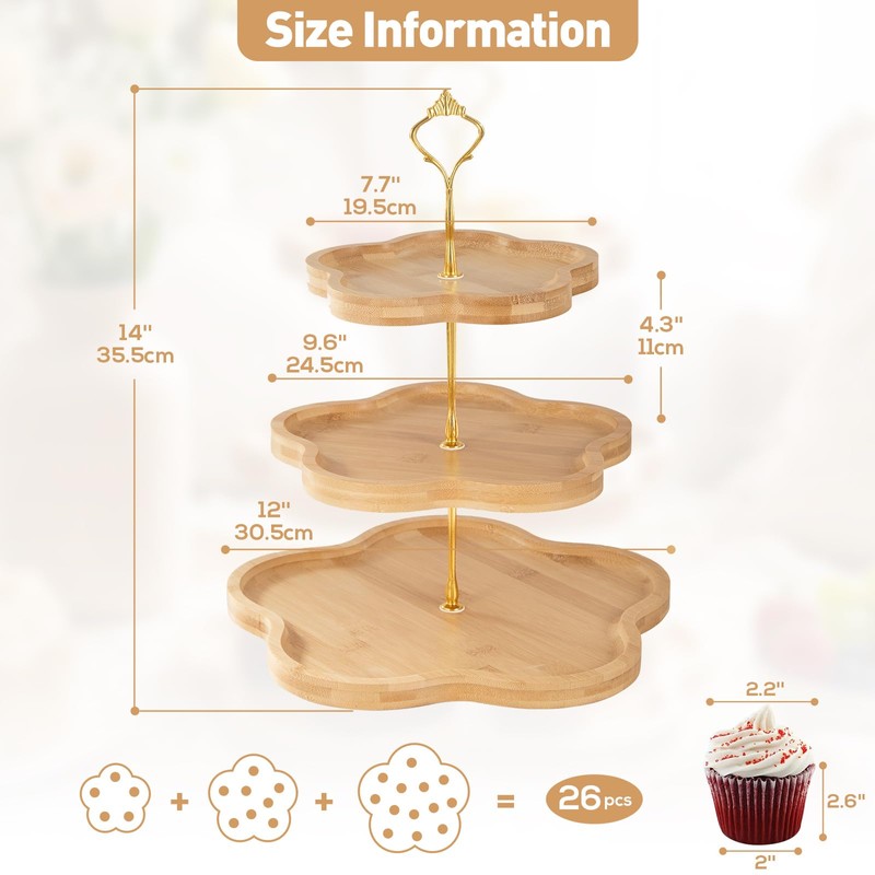 DUJUST Elegant 3-Tier Wooden Cupcake Stand with Flower-Shaped Design, Rustic