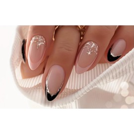 Pack of 24 French Tip Press on Nails, Nails for Sticking, Short Oval, Natural Acrylic Artificial Nails, False Nails for Sticking on for Women and Girls, Manicure (French Pink Black)