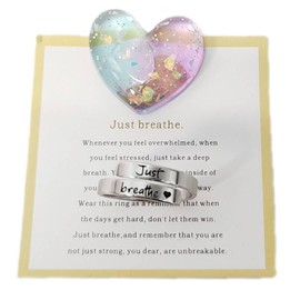 Acecare Just Breathe Ring for Women, Adjustable Stainless Steel Wrap Ring with Inspirational Quote, Heart Design, Gift for Anxiety Relief & Encouragement – Bonus Dandelion Sticker Pack