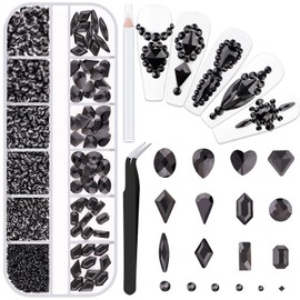 2060Pcs Black Glass Nail Rhinestones 60Pcs Multi Shapes Flatback Nail Gems + 2000Pcs 1.5-4mm Round Crystal, Manicure Nail Charms Diamond Gemstones for Acrylic Nails Decoration