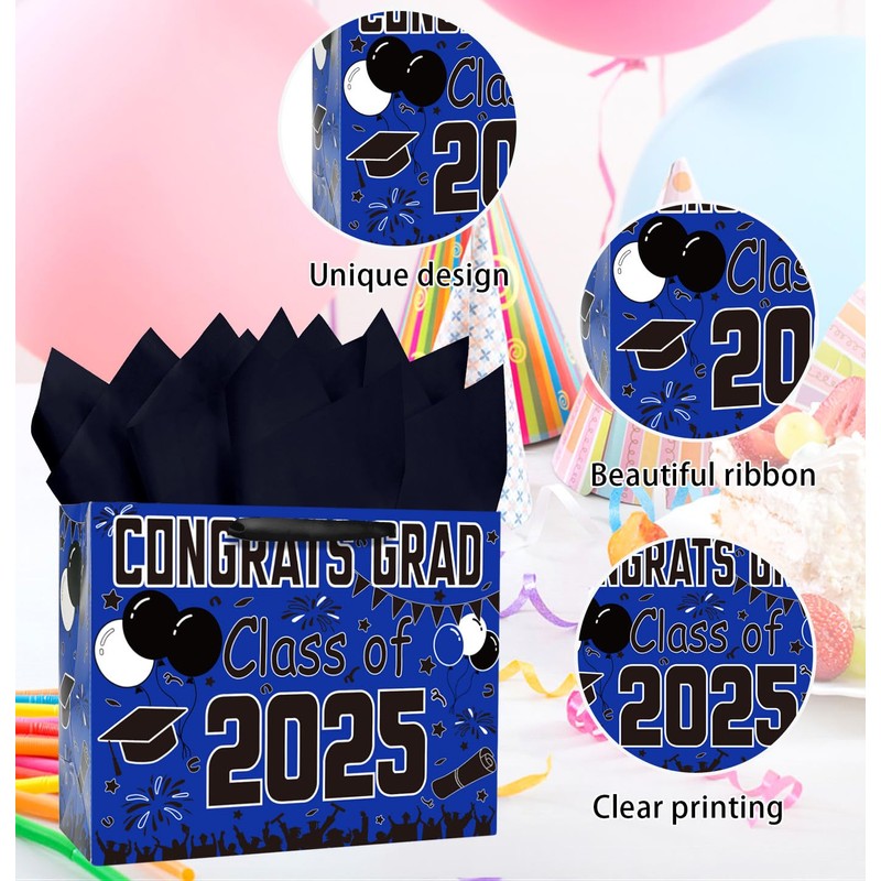 MUNILAIL 13 Inches Graduation Gift Bag 2025 Blue Paper Gift
