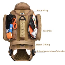 Vmokki Dog Harness with 3 Pockets, 2 Handles, 3 D-Ring Tactical Padded Adjustable Molle Safety Harness Chest Harness for Medium Large Dogs (Brown, M)