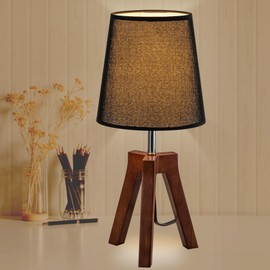 Dreamholder Wood Bedside Table Lamp, Tripod Desk Lamp with On-Off Switch, Nightstand Lamp with Fabric Shade for Reading, Bedroom, Living Room, Office, Walnut Base with Black Shade