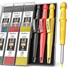 Nicpro 3 Pack CP3000 Carpenter Pencil with Sharpener, Mechanical Carpenter Pencils with 57 Refills, Construction Pencil Heavy Duty Woodworking Pencils for Architect Marking (Red, Black, Yellow)