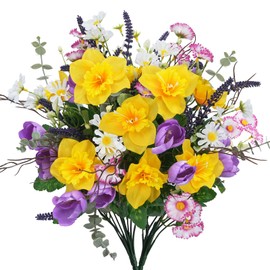HO2NLE Fake Spring Flowers 15.7" Artificial Wildflowers Mixed Bush Plants Outdoor Faux Silk Flowers for Home Wedding Kitchen Garden Table Centerpieces Indoor Décor(Daffodils Tulips Lavender Daisies)