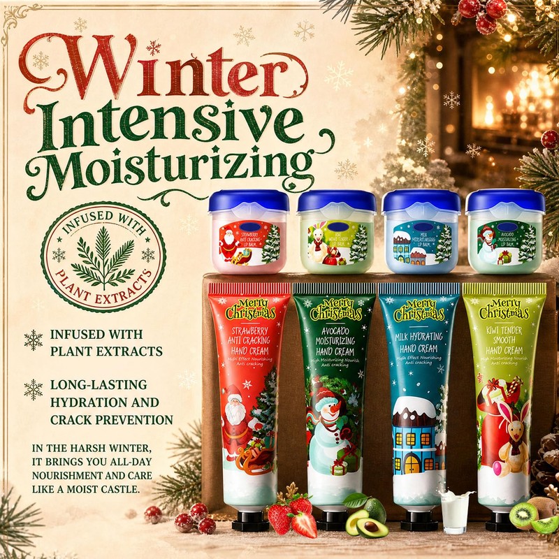 8Pcs Christmas Hand Cream & Lip Balm, Stocking Stuffers, Christmas
