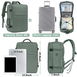 Large Carry On Travel Backpack - Flight Approved Waterproof Luggage Suitcase Backpacks Personal Item Size for Women Men Fit 17 Inch Laptop College Overnight Bag Anti-Theft Weekender Daypack Dark Green