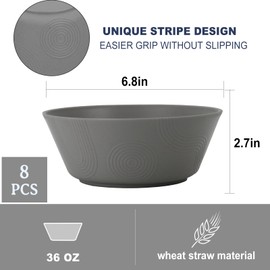 PYRMONT 36 OZ Cereal Bowls - Wheat Straw Sets of 8 Reusable Unbreakable Plastic for Soup, Salad, Rice, Noodles - Microwave & Dishwasher Safe - Black to Grey