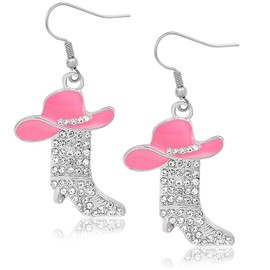 Rhinestone Western Gold Boots Earrings Cowgirl Cowboy Enamel Hat Bohemian Rodeo Boot Drop Dangle Earrings for Women Pink Hat