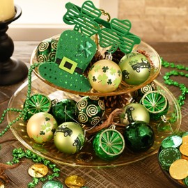 Valery Madelyn St Patricks Day Decorations Shamrock Tree Ornament Set, 16pcs 2.36inch Hanging Ball Ornament Irish Festival Decor, Good Luck Clover Green Gold Christmas Ball for Party Home Spring