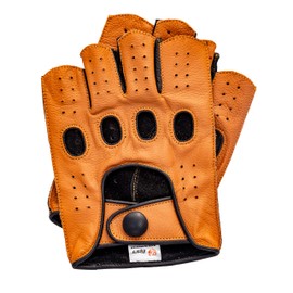 Riparo Women Genuine Leather Reverse Stitched Half-Finger Fingerless Driving Motorcycle Gloves (7, Cognac/Black)