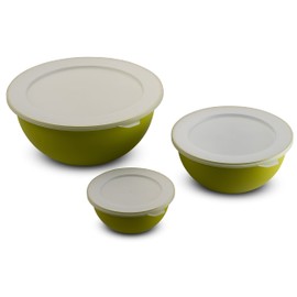 Omada Design Set of 3 Salad Bowls with Lids (0.5 L - 1.5 L - 3.5 L) White Interior and Colourful Exterior Microban Antibacterial Line Sanaliving