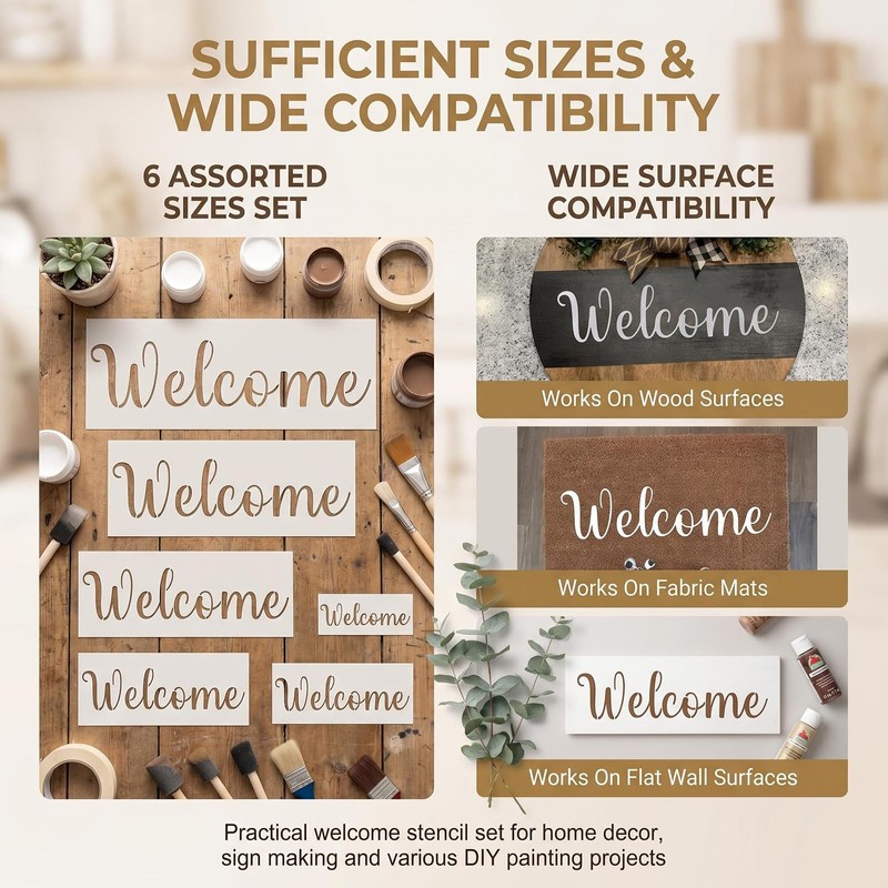 6 Pcs Welcome Stencils for Painting on Wood Doormat