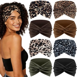 Awumbuk Women's Hair Band, 7 Inch Extra Wide Crossed - Set of 8, Leopard Multicoloured Headband, Elastic and Soft Headscarf, for Sports, Cosmetics (Military Green)