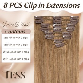 TESS Clip in Hair Extensions Real Human Hair Blonde Remy Seamless 8 Pieces Straight for Women/Girls (#27 Dark Blonde, 12 Inch 55g)