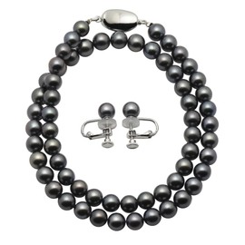 Mani Mani Akoya Black Pearl Necklace Set, Natural Material, 0.3 - 0.3 inch (7 - 7.5 mm) Beads, For Ceremonial Occasions, Mourning, Black, Formal, Funerals, Luxury Jewelry Case, Cross Included, Made in