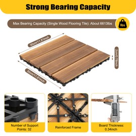 36 Pack Hardwood Interlocking Patio Deck Tiles, Wood Interlocking Flooring Tiles, 11.81" × 11.81" Patio Flooring Outdoor Waterproof Wood Tiles for Balcony, Backyard, Indoor & Outdoor Use