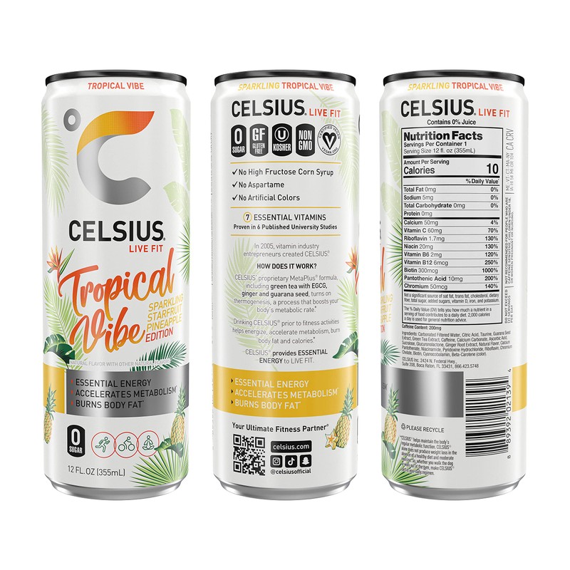 CELSIUS Sparkling Tropical Vibe, Functional Essential Energy Drink 12 Fl