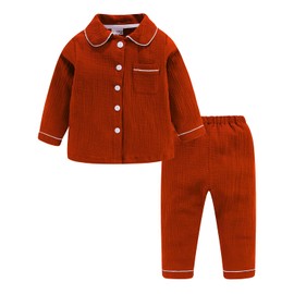 LittleSpring Open Front Pajamas, Kids, Long Sleeve, Room Wear, Loungewear, Sleepwear, 2-Piece Set, Children's Clothes, Boys and Girls, Double Gauze - Burgundy