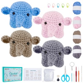 FREEBLOSS 4set Crochet Animal Keychain Crochet Elephant Keychain Kit with Video Tutorial Crochet Kit for Beginners Elephant Crochet Starter Kit for Adults Beginners Crochet Supplies