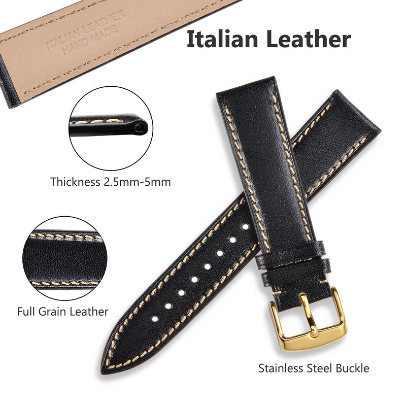 WOCCI 22mm Luxury Leather Watch Strap with Golden Buckle (Black)