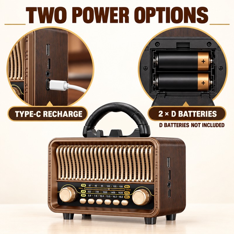 Retro Portable AM/FM/SW Radio with Bluetooth, AUX, TF Card, USB-C