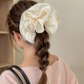 Qigfucm Oversized Chiffon Hair Scrunchie 9 Inch, Multi-Layered Ruffle Design, Elegant White Hair Ties Big Jumbo Large Ponytail Holders for Wedding Party