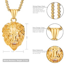 Jewelry Kingdom 1 Gold Lion Necklace Pendant for Men Women CZ Diamond with 24" Stainless Steel Rope Chain (Mediun Head Size)