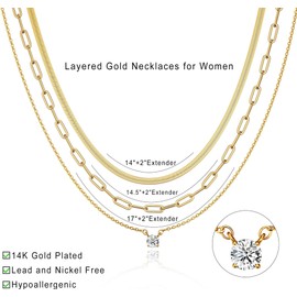 Tomovely Gold Layered Set Necklaces for Women, Dainty 14K Gold Plated Layered CZ Pendant Necklaces Simple Gold Herringbone Snake Choker Cuban Link Paperclip Chain Necklace Jewelry