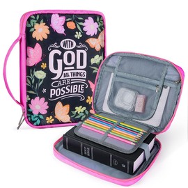 Pink Dino Bible Covers for Women Girls, Large Bible Case with Multiple Zippered Pocket Bible Carrying Bag with Removable Pen Slots for Bible Study Supplies