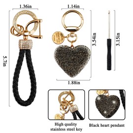 Cute Heart Keychain Black Wristlet Keychains For Women Girls Bling Key Chain Rhinestone Key Chains For Car Keys Purse Charms Handbag Backpack Accessories Rhinestone Keychain Sparkly
