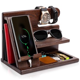 Kiswleon Wooden Bedside Organiser Gifts for Man,Phone Docking Station Birthday Gifts Presents for Men,Boyfriend Husband Birthday Gifts for Fathers Day Christmas -Brown