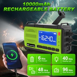 Emergency Weather Radio, Solar Hand Crank Radio AM/FM NOAA 10000mAh, Weather Alert Radio with 3 Mode Flashlight, Reading Lamp, SOS Alarm, Compass, Headphone Jack for Home Camping Emergency (Green)