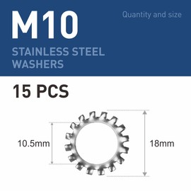 BOUMVID Pack of 15 M10 Tooth Washers Locking Washers, Serrated External Toothing Washers, Stainless Steel 304 Tooth Washers Clamping Discs Size Assortment Spring Washers for Screw Attachment