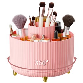 360°Rotating Pen Holder, Desk Organisers with 5 Compartments Pencil Organizer, Art Supply Storage Box Caddy for Home Office Supplies Desktop Tidying and Stationary Storage（Pink）