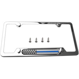 Stainless Steel Chrome License Plate Frame American Flag (Chrome with Thin Blue Line)