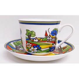 Village Art Deco Cup & Saucer Fine Bone China Jumbo Breakfast 15fl oz 425 ml Exclusive Countryside Scene Hand Decorated in UK