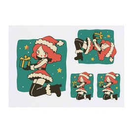 4 x 'Cute Christmas Girl with Gift' Temporary Tattoos - Water Resistant, Skin-Safe, Non-Toxic Transfers, Mixed Sizes (TO00085652)