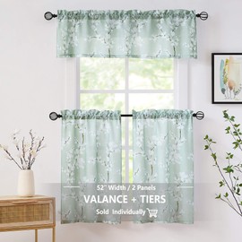 Green White Kitchen Tier Curtains 24-inch Length Blossom Print Half Window Drapes for Bathroom Floral Light Filtering Privacy Protected Café Curtain Panels Rod Pocket 1 Pair
