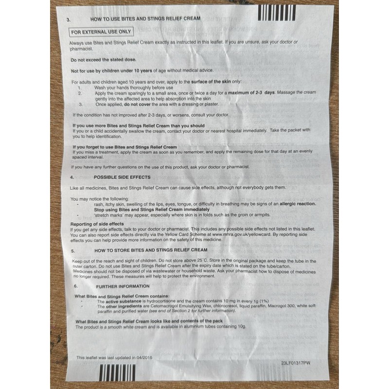 3 x Bite & Stings Relief Cream - Hydrocortisone 1%